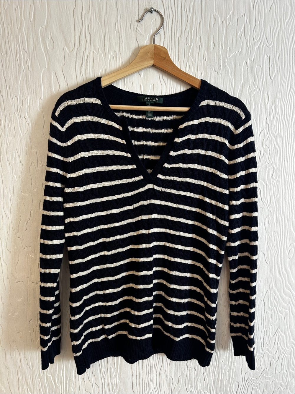 Ralph Lauren Cotton Striped Cable Knit Sweater Navy White XL Coastal Luxury